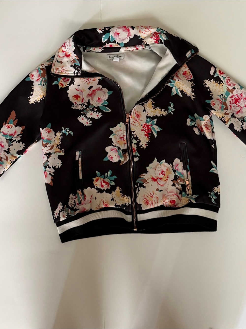 love, Fire Black Floral Bomber Jacket with Pink and Cream Flowers